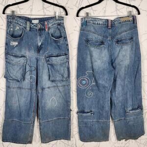 Cello Embroidered High Rise Wide Leg Cargo Pants Y2K Baggy